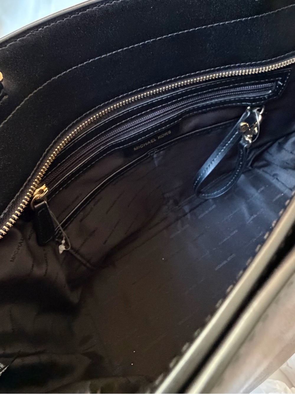 Michael Kors Black Leather Tote with Gold MK Emblem - Picture 9 of 16